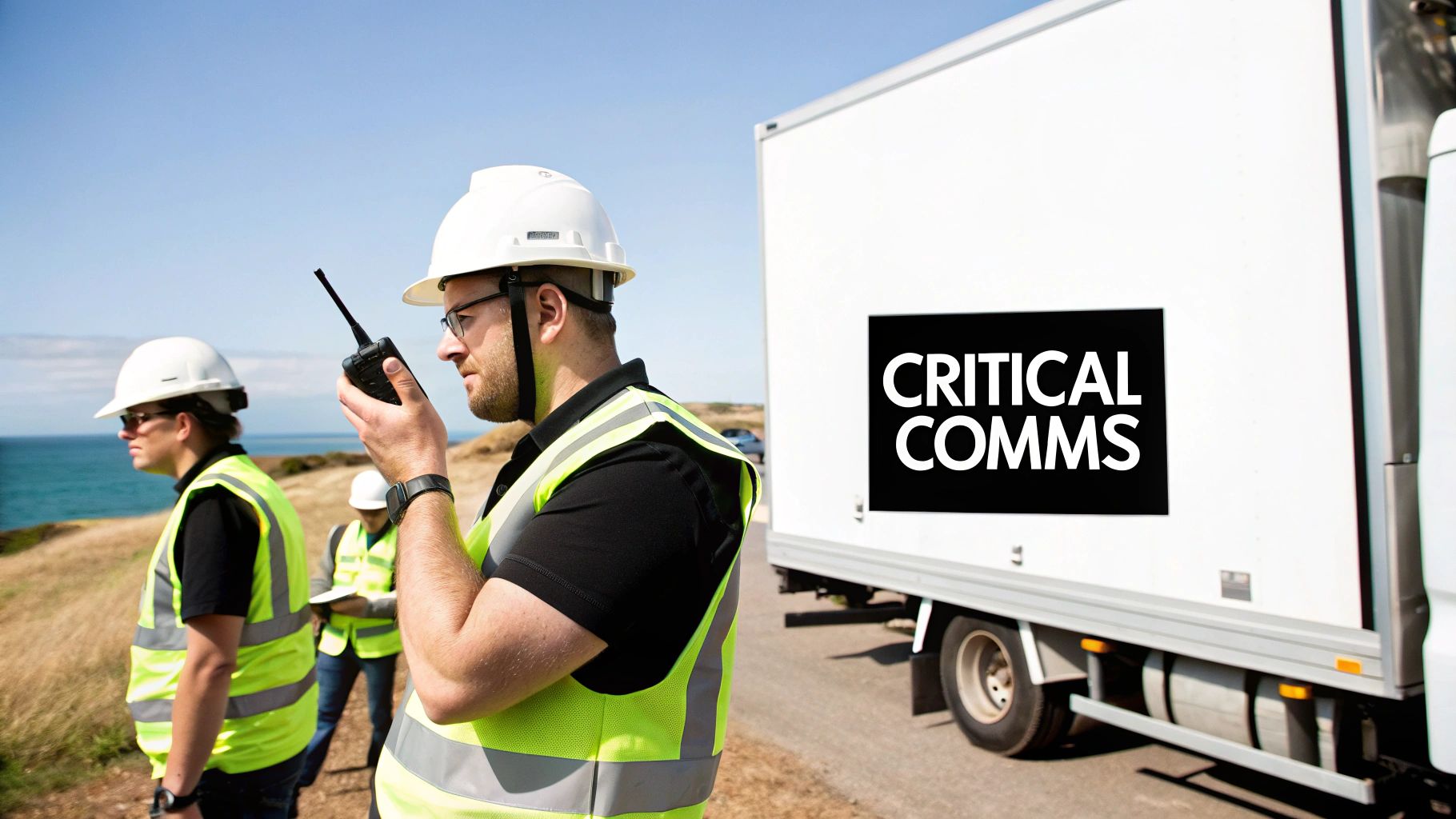 Workers in hard hats and vests communicate with walkie-talkie near a Critical Comms truck by the ocean.