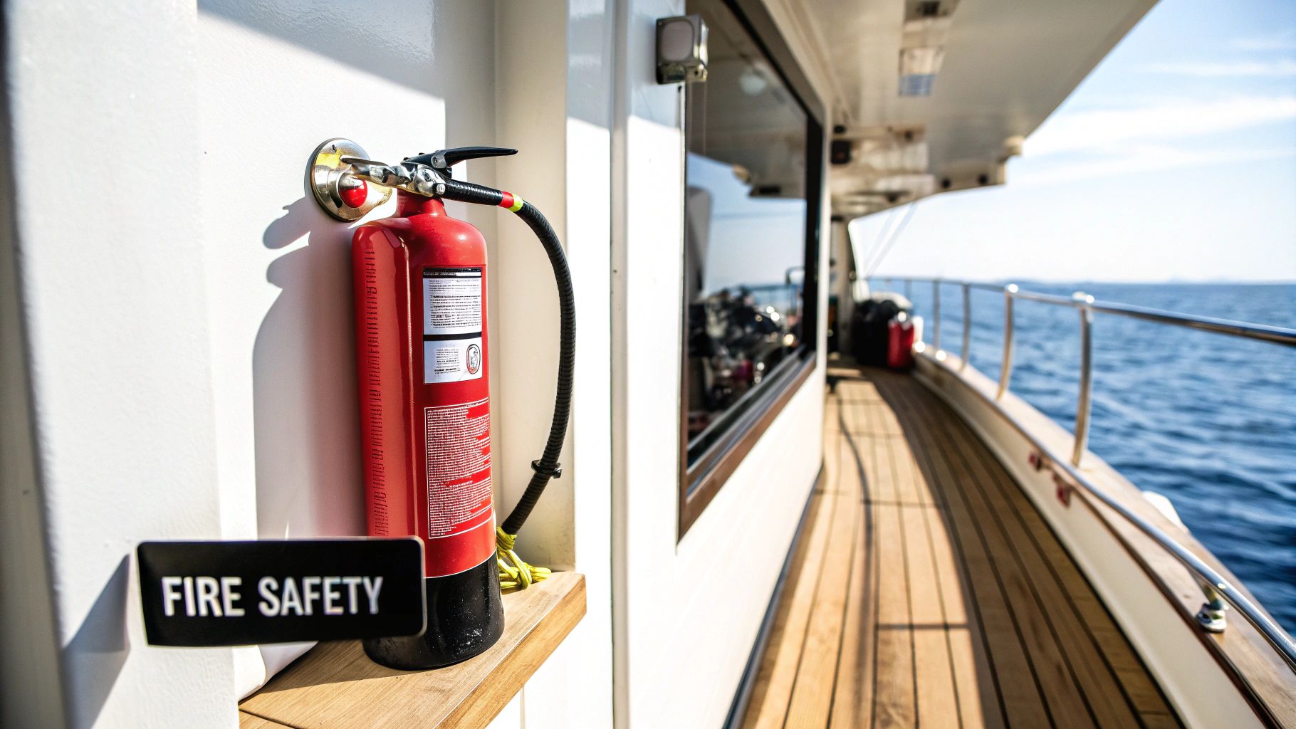 Marine-grade fire extinguishers mounted for quick access on a boat.
