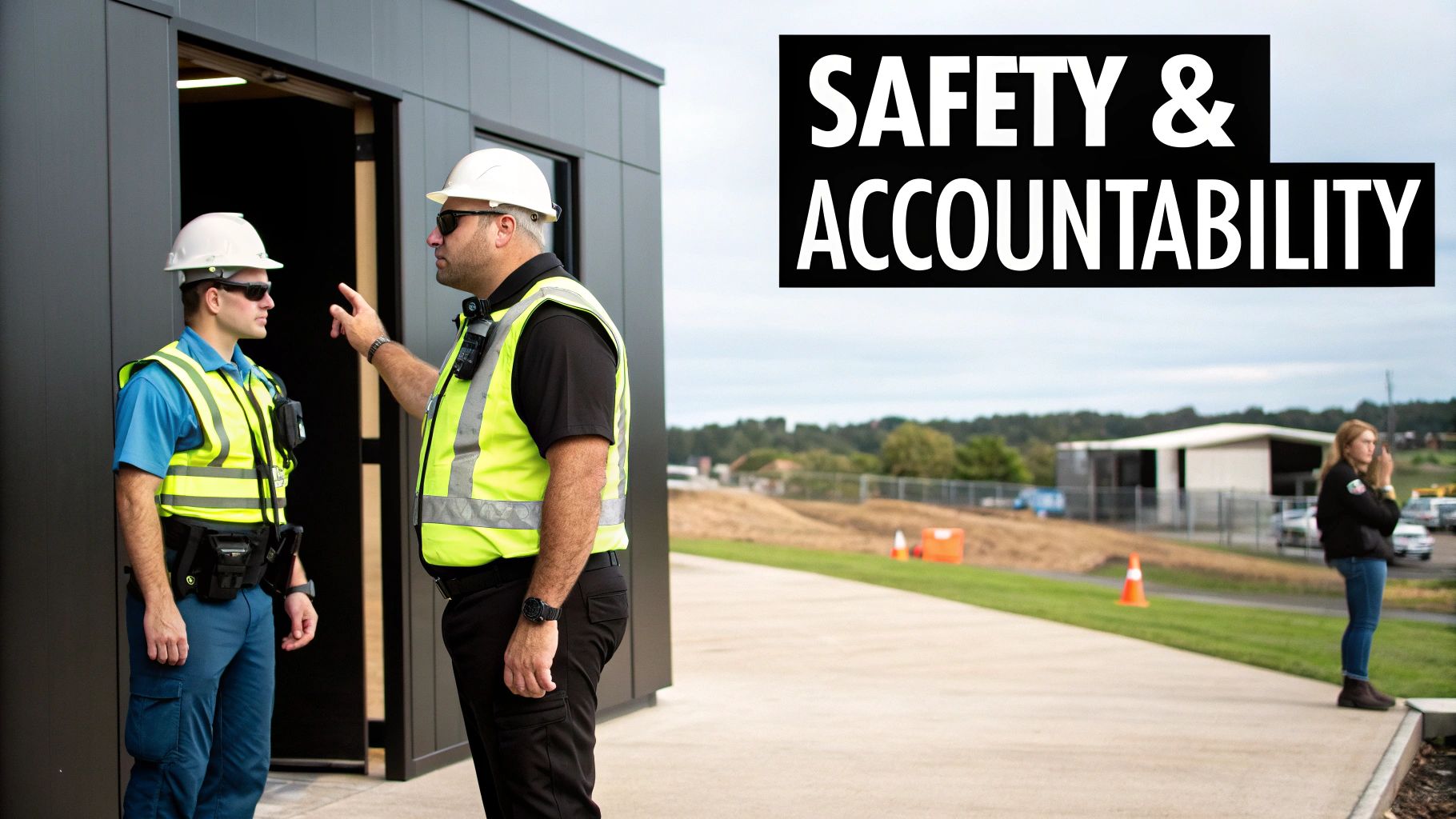 Two safety workers in hard hats and reflective vests conversing at a construction site, emphasizing safety and accountability.