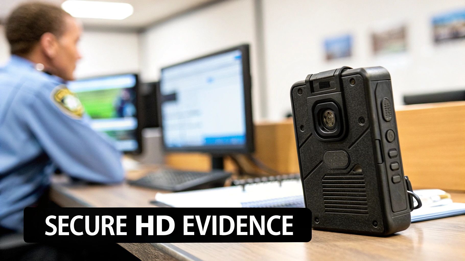 A black body-worn camera stands on a desk, with a police officer working on computers in the background.