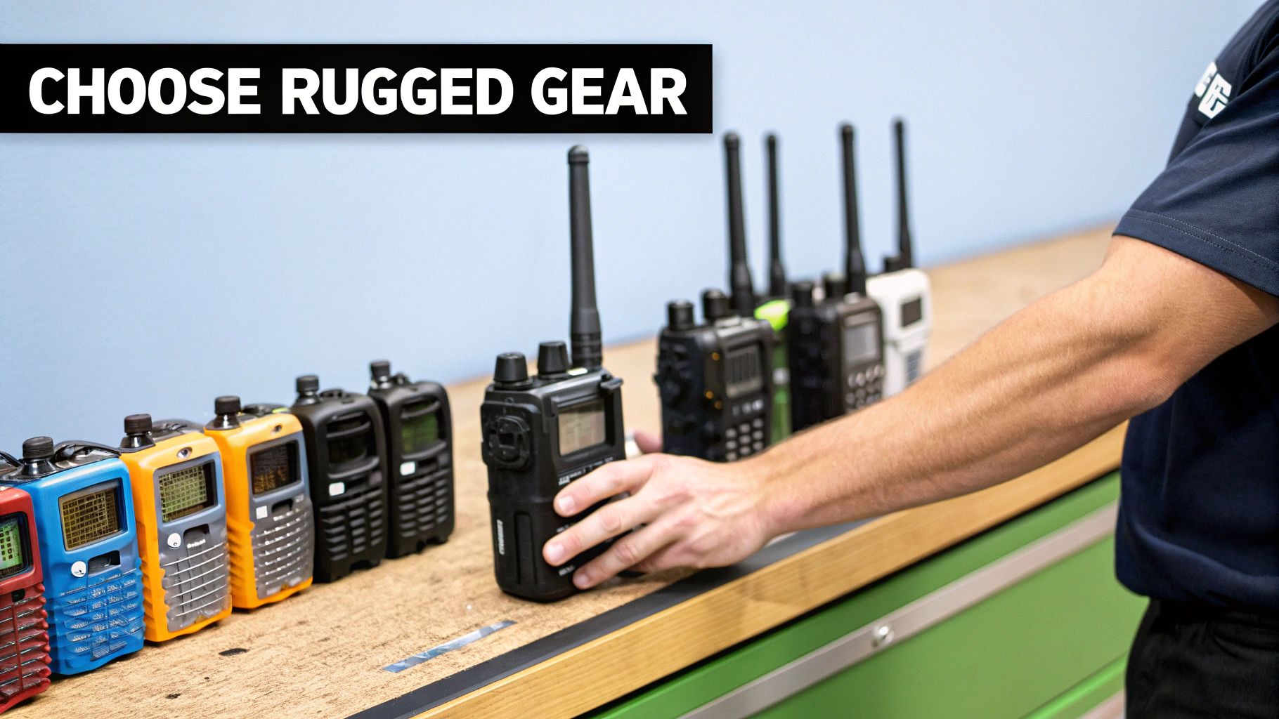 A hand selects a rugged black two-way radio from a row of communication devices, with 'CHOOSE RUGGED GEAR' text.