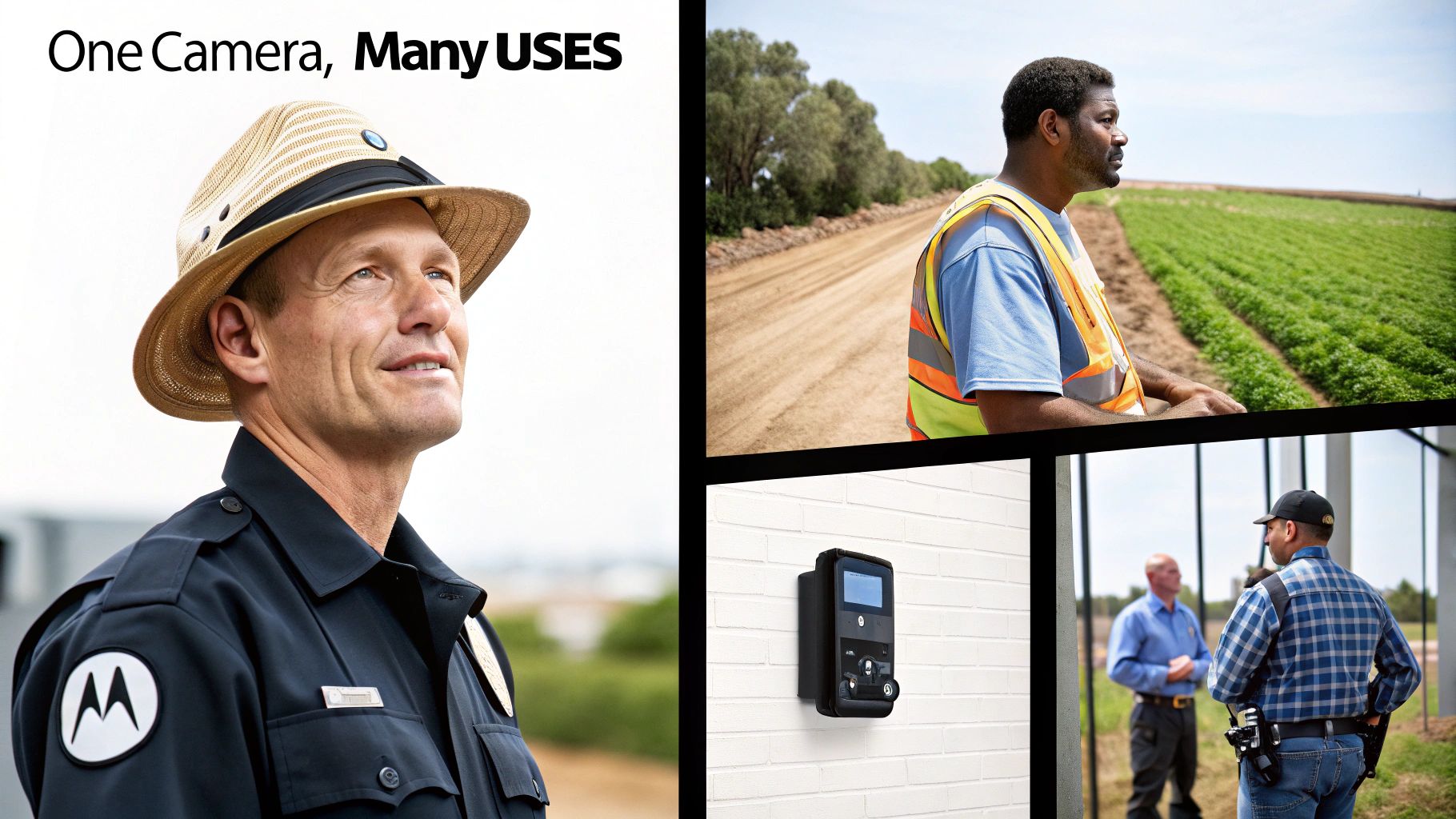Motorola body camera used by security guard, construction worker, and agricultural professionals in various work environments