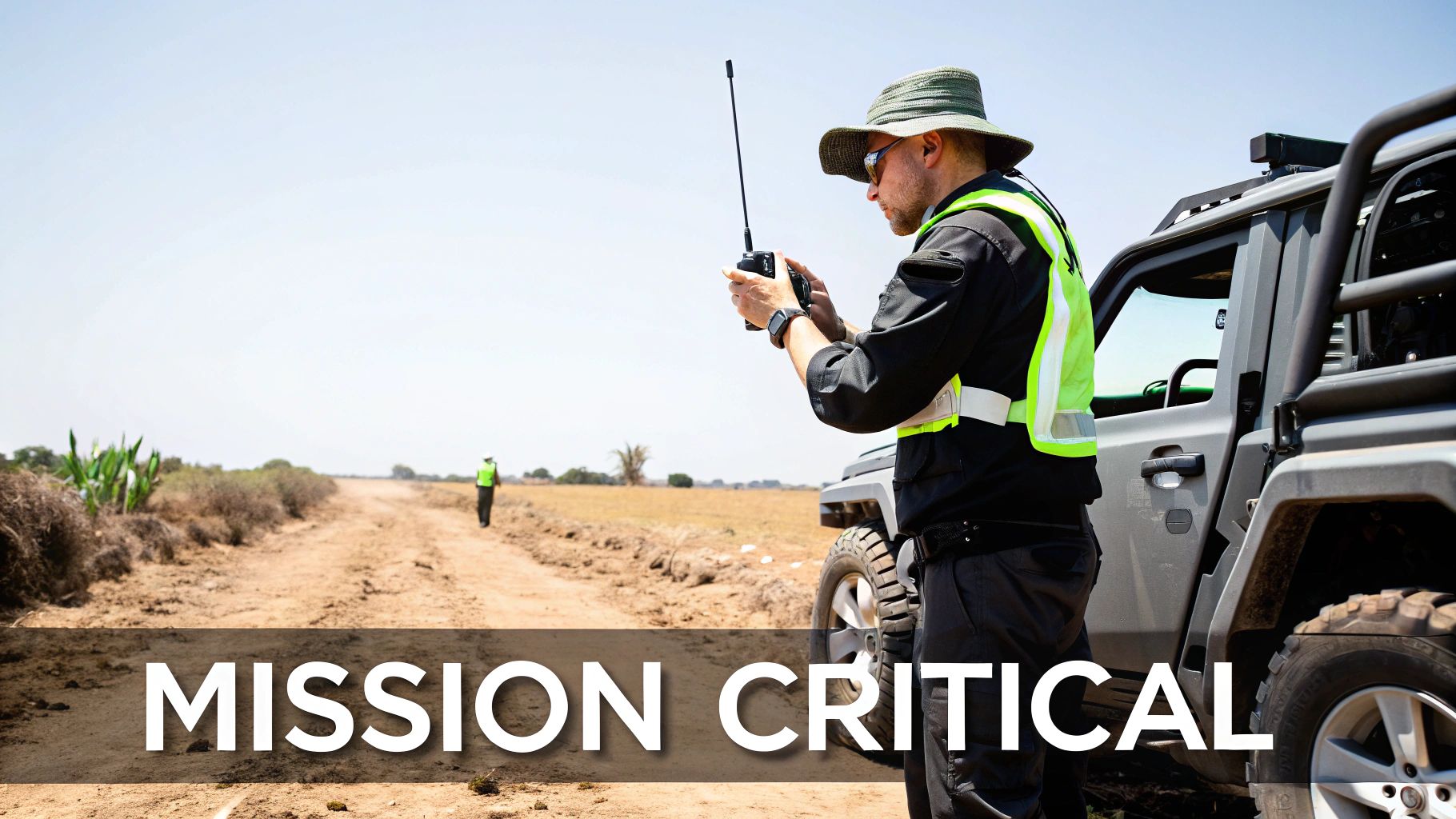 A Tait two-way radio being used outdoors in a rugged environment.