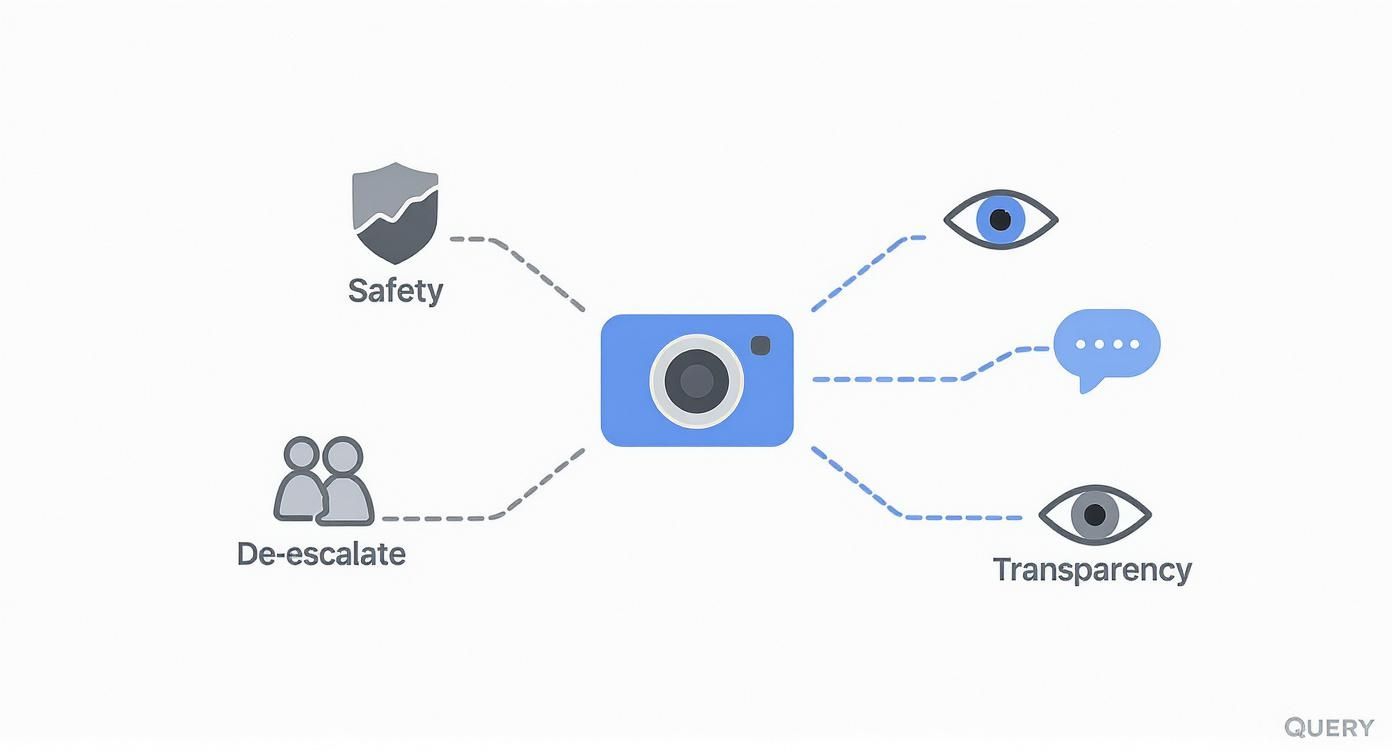Diagram showing a body-worn camera connected to safety, de-escalation, monitoring, communication, and transparency.