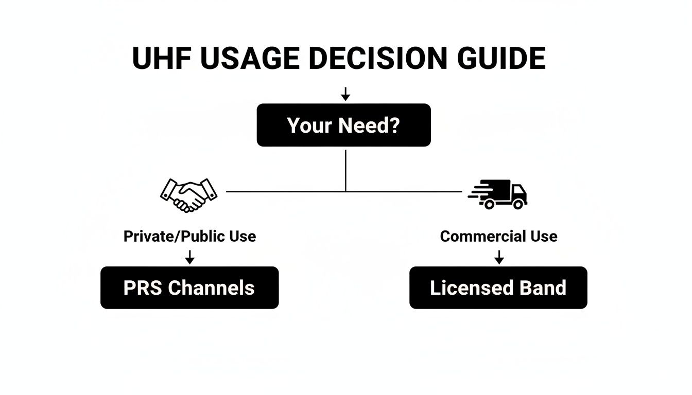 Flowchart illustrating the UHF usage decision guide, differentiating between private/public and commercial use.