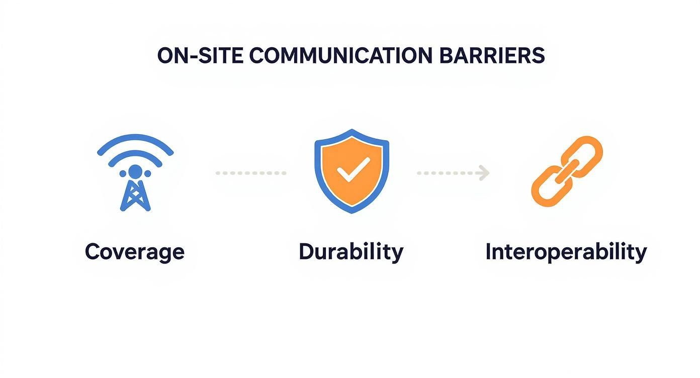An infographic showing on-site communication barriers: coverage (wireless icon), durability (shield), and interoperability (chain links).