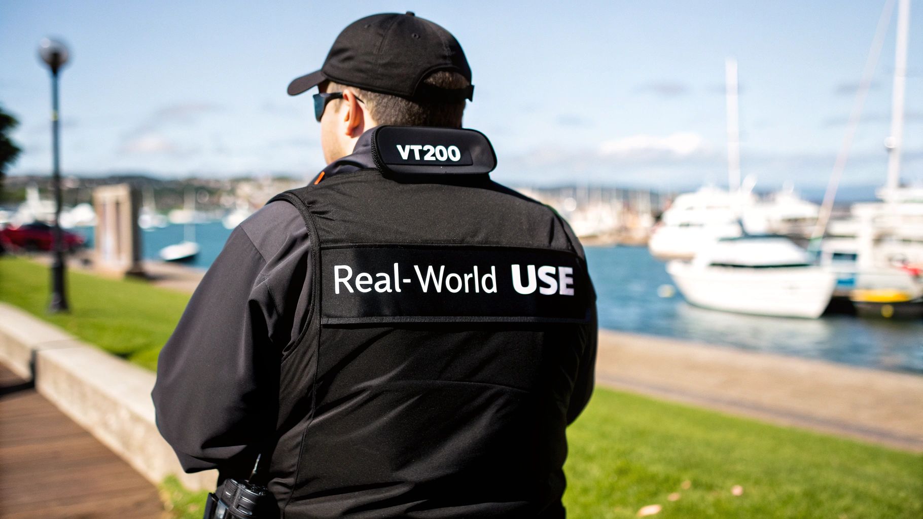 A security professional wearing a Motorola VT200 body worn camera.