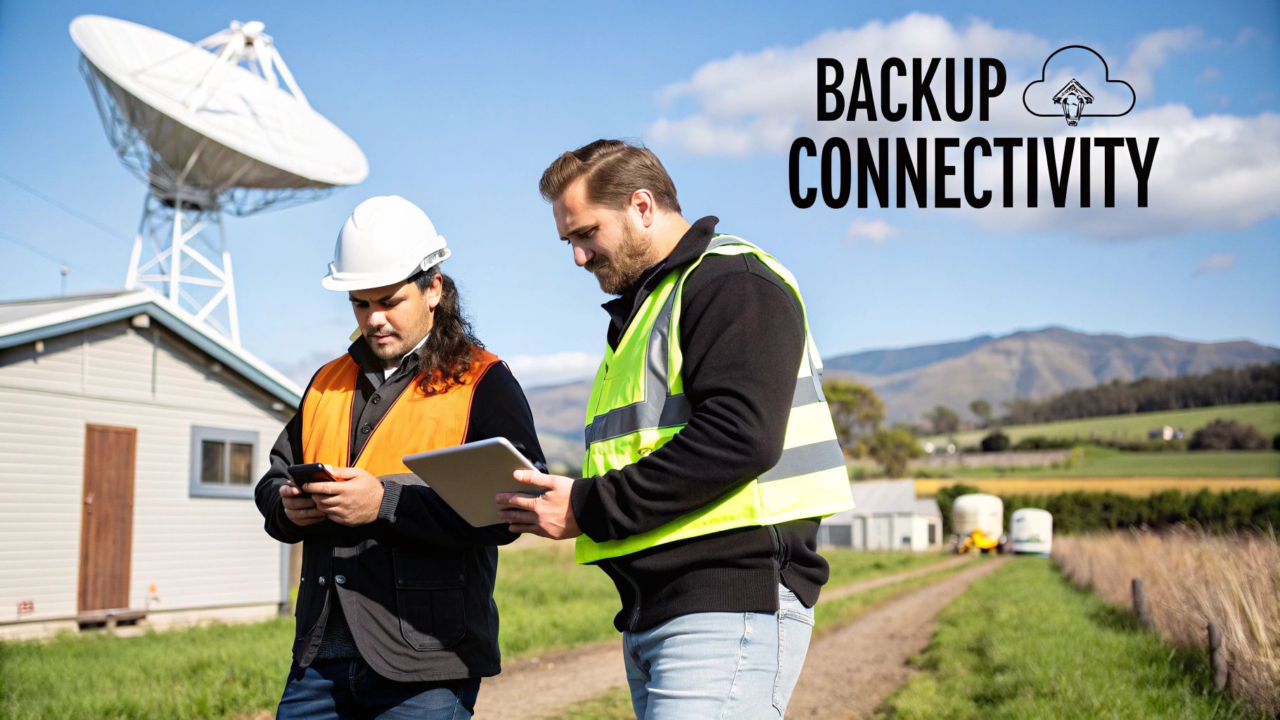 Engineers in safety vests use tablet and phone near a satellite dish for backup connectivity in a remote area.