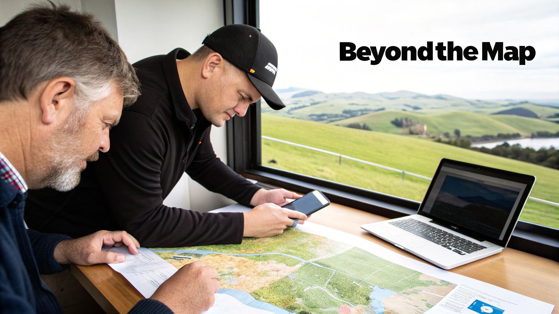 Two men reviewing a large map and a smartphone, with a laptop and scenic hills outside.