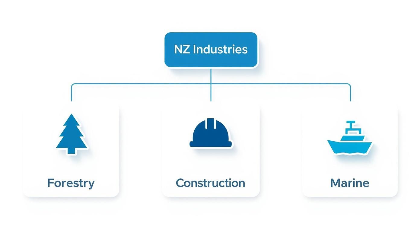 Diagram illustrating NZ Industries, categorizing them into Forestry, Construction, and Marine sectors with relevant icons.