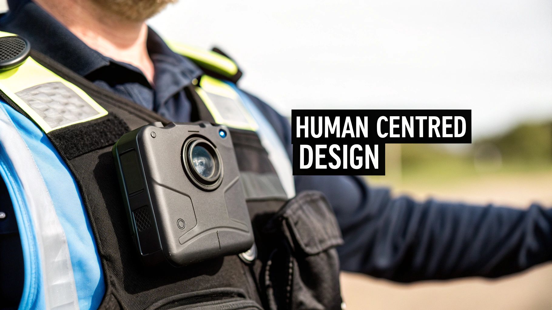 A police officer wearing a body camera on their uniform