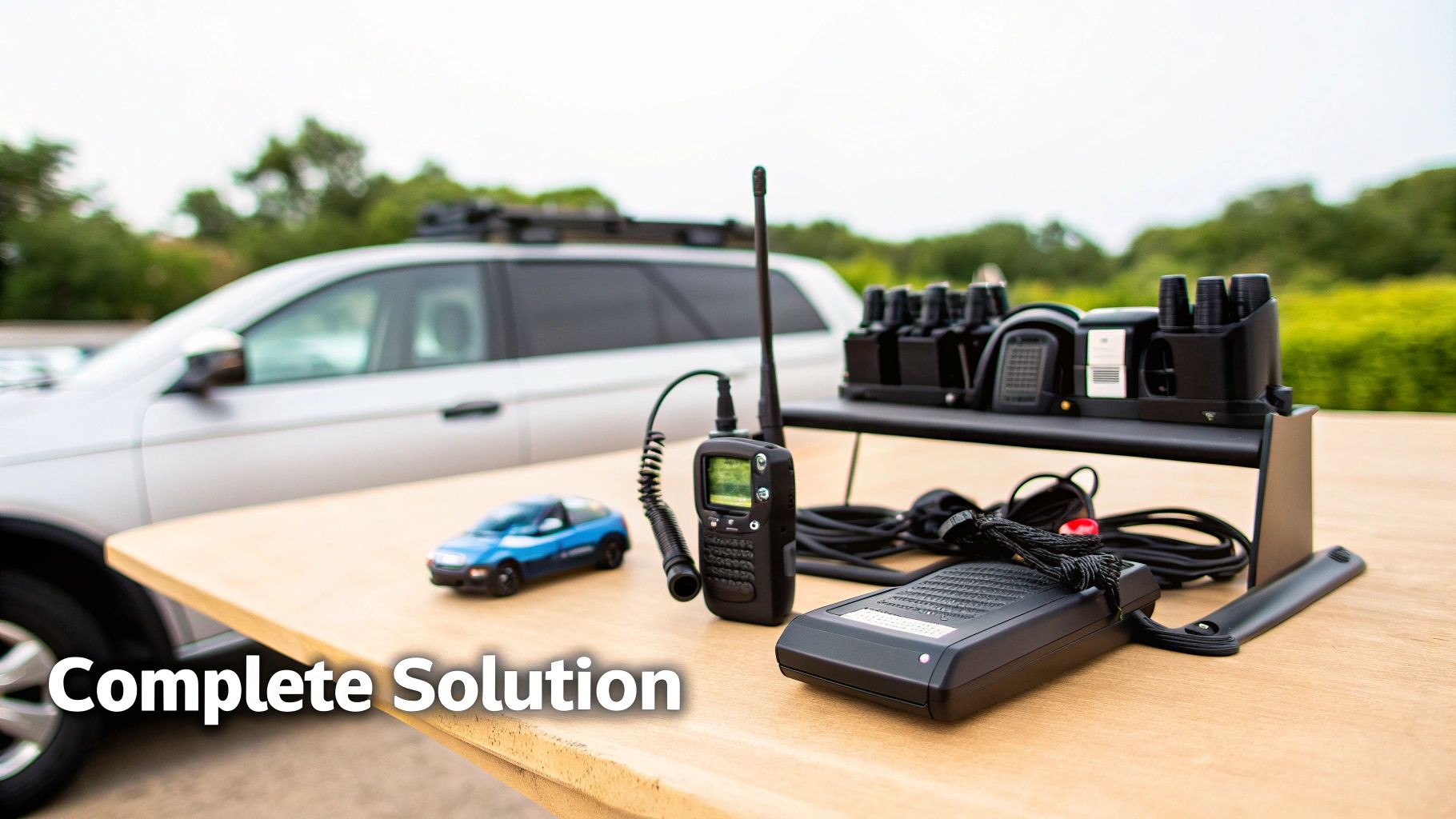 A complete communication solution: walkie-talkie, charging station, speaker unit on a table, with a toy car and white SUV.