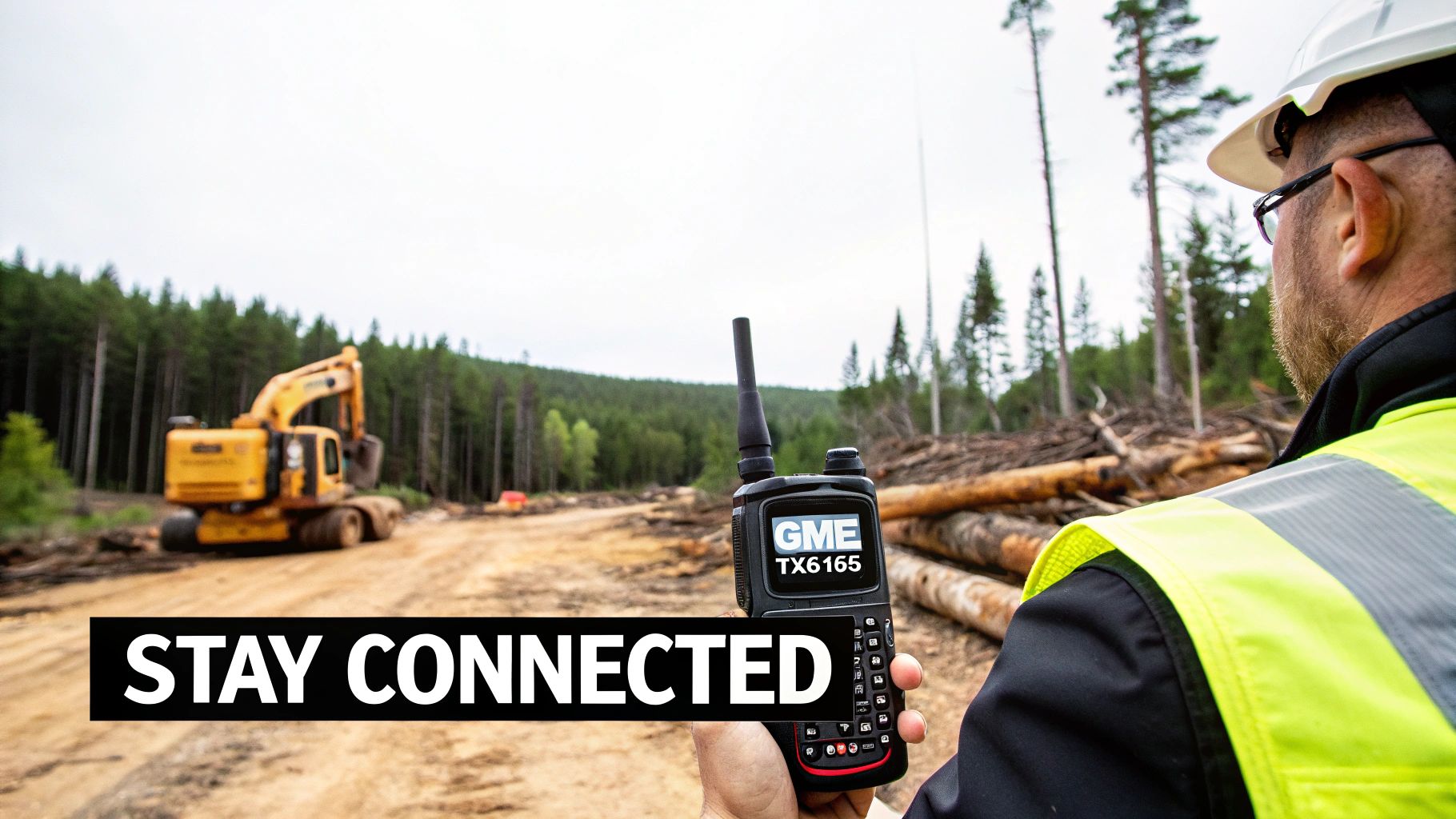 A construction worker wearing a hard hat and high-vis vest holds a GME TX6165 radio on a job site.
