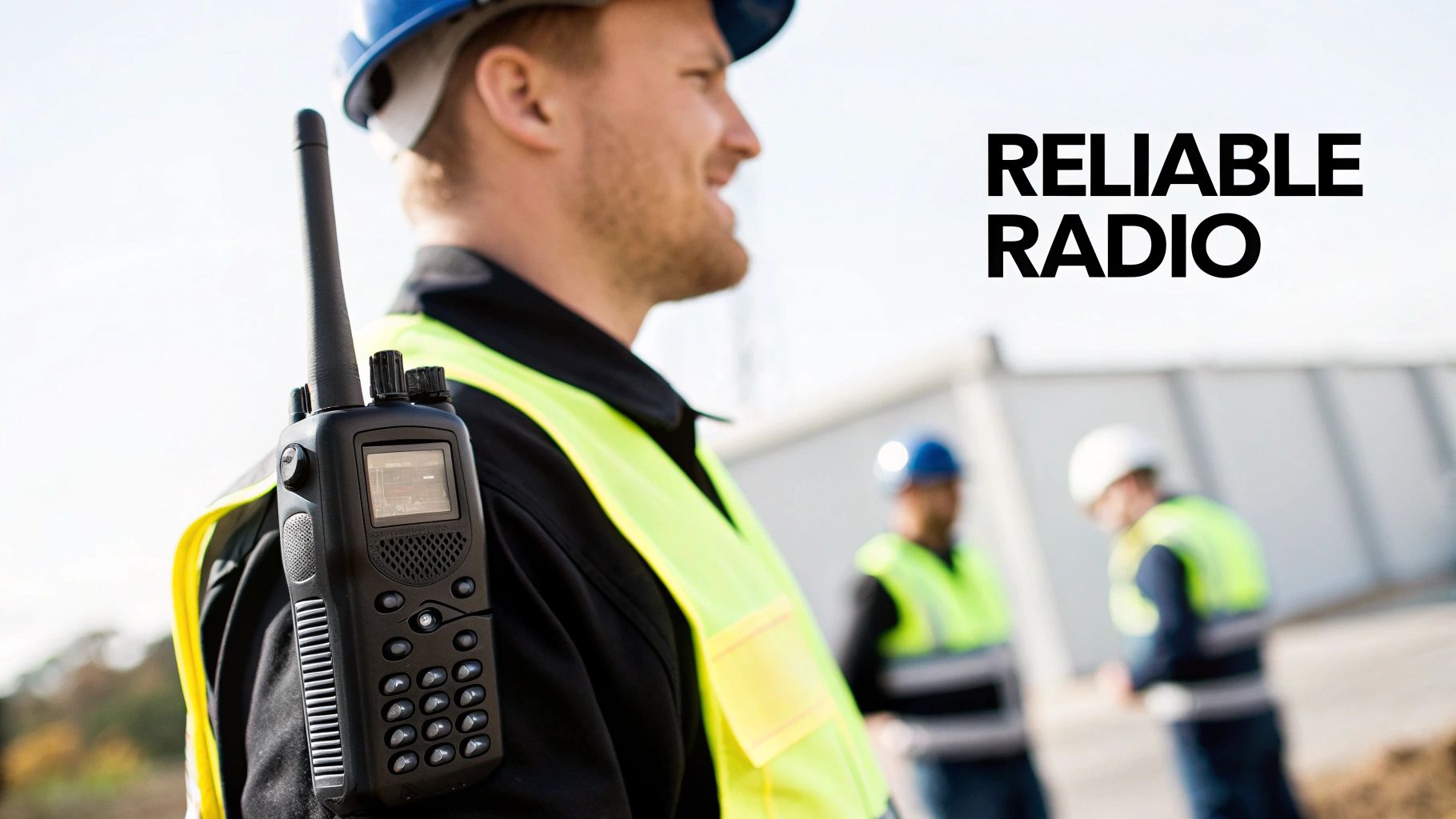 A construction worker with a walkie-talkie, wearing a hard hat and safety vest, with 'RELIABLE RADIO' text.