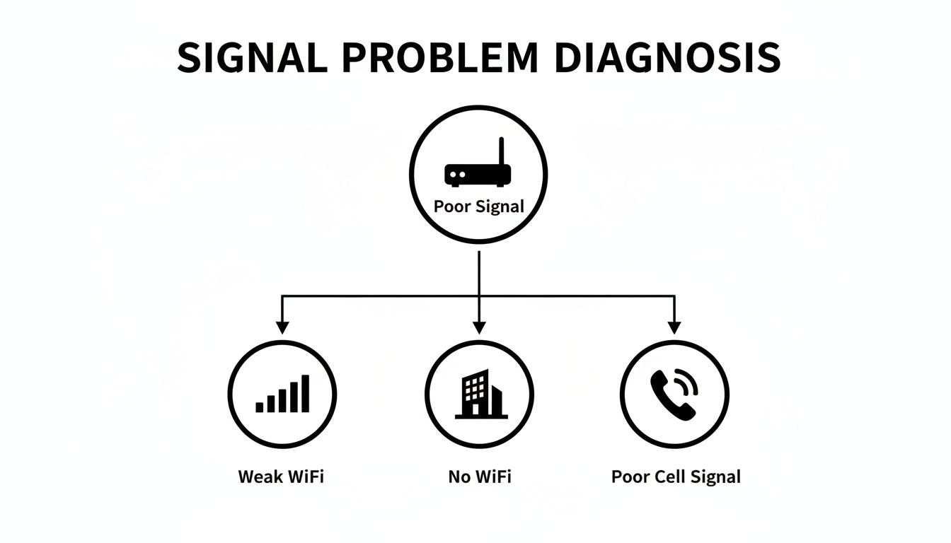 A signal problem diagnosis diagram illustrating poor signal leading to weak WiFi, no WiFi, or poor cell signal issues.