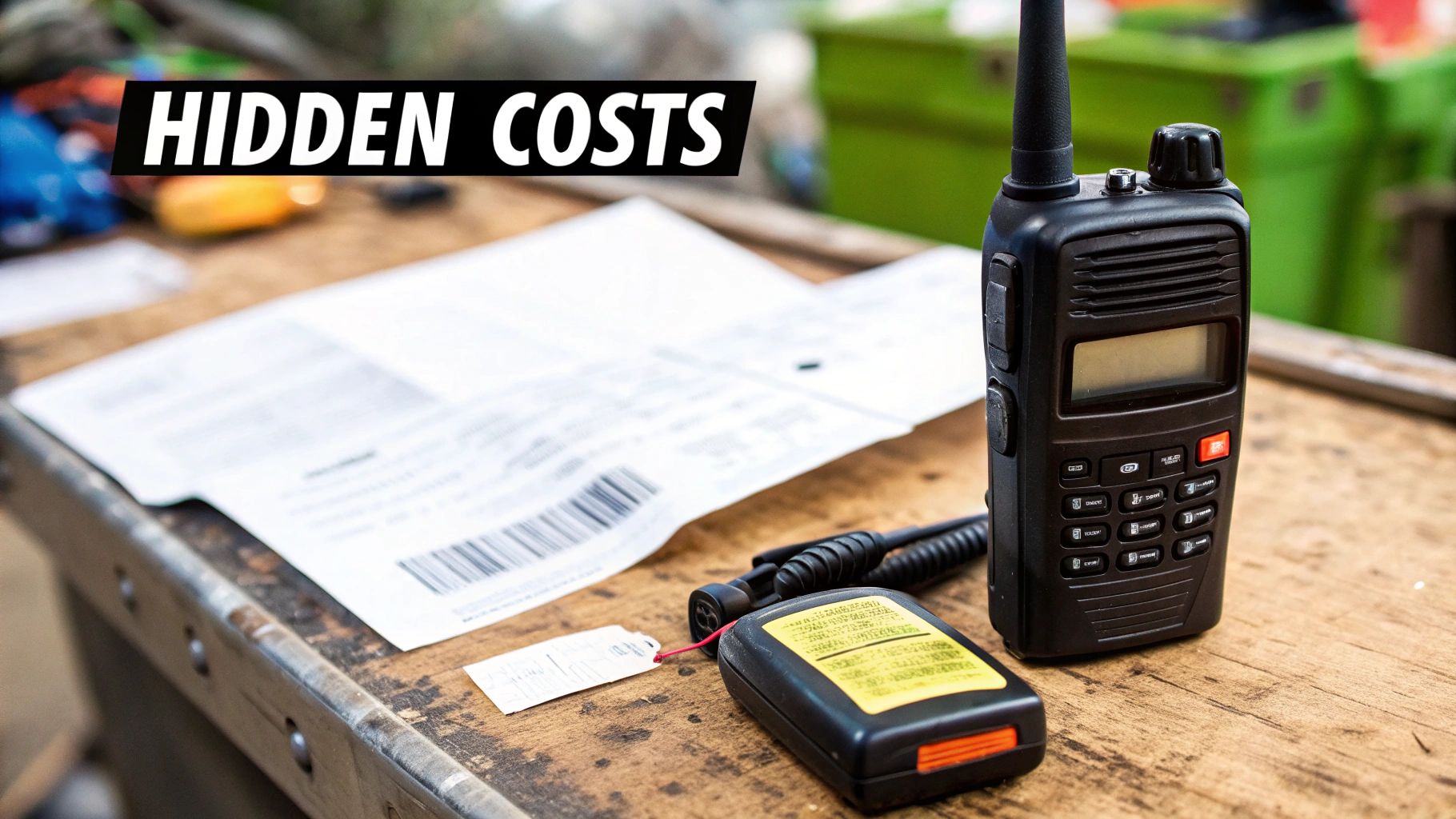 A two-way radio, its battery pack, and papers on a wooden table with 'HIDDEN COSTS' text.