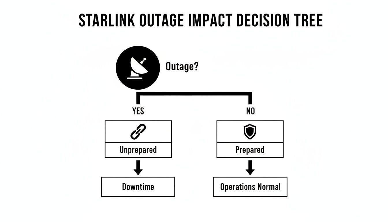 Flowchart illustrating the Starlink outage impact decision tree for preparedness and operational status.