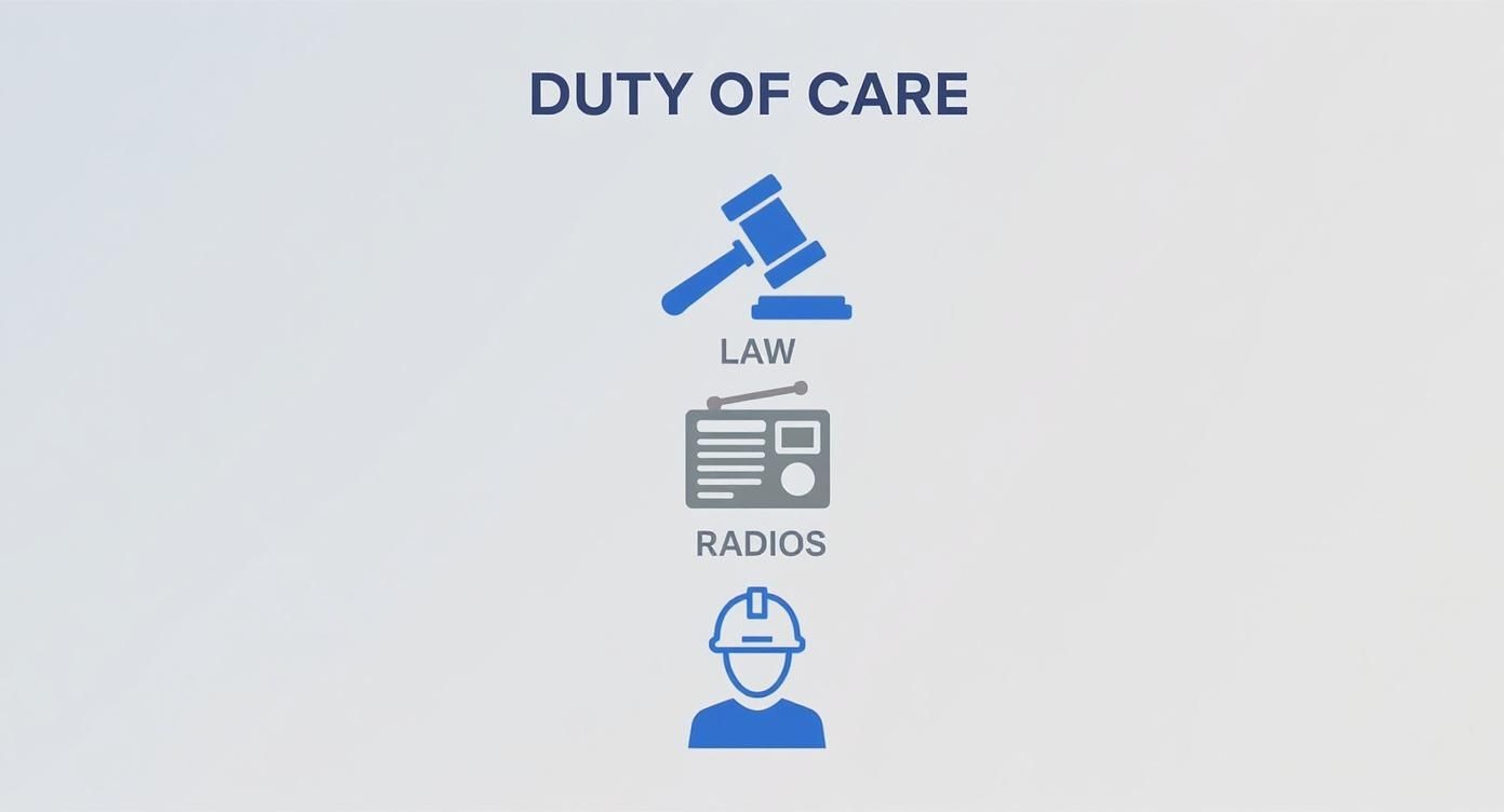 Infographic showing a hierarchy from Law to Radios to Worker Safety, highlighting the role of two-way radio solutions in NZ Health and Safety.