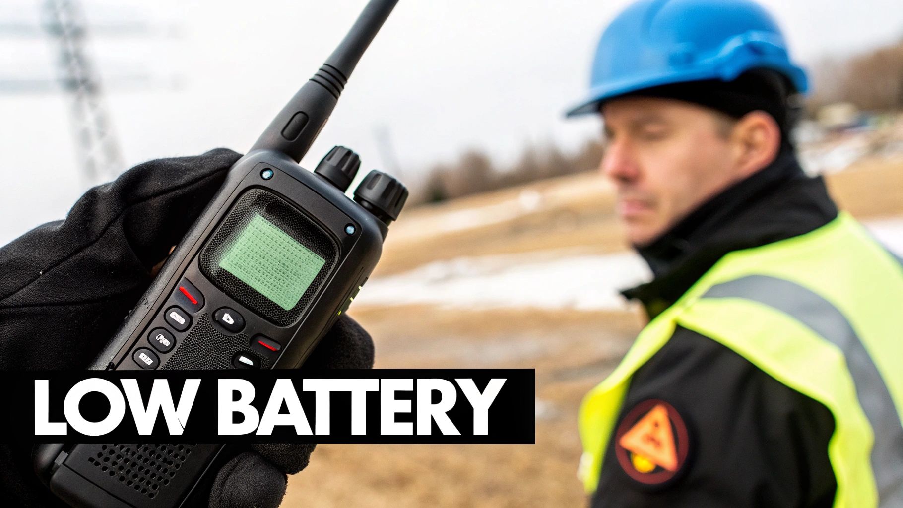 A worker in a safety vest and hard hat holds a two-way radio displaying 'LOW BATTERY'.
