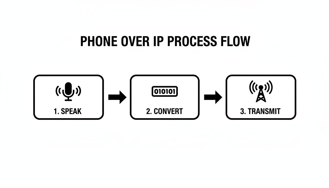 Diagram showing the Phone Over IP (VoIP) process flow: Speak, Convert (to digital data), and Transmit.
