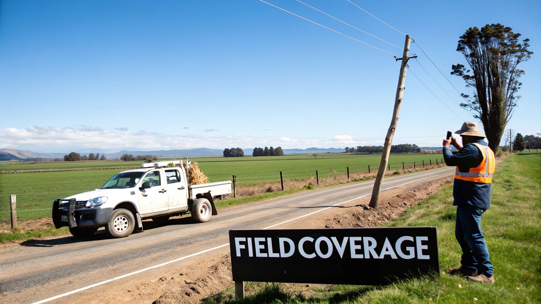 A rugged construction vehicle with a prominent antenna, parked on a remote New Zealand worksite, with the CEL-FI GO G41 visible inside the cab.