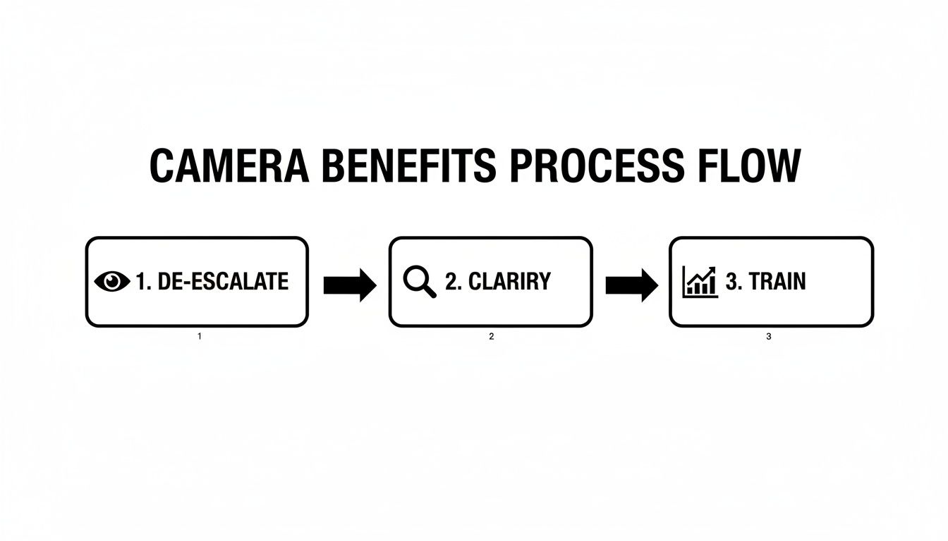 A camera benefits process flow diagram illustrating three steps: 1. De-escalate, 2. Clariry, and 3. Train.
