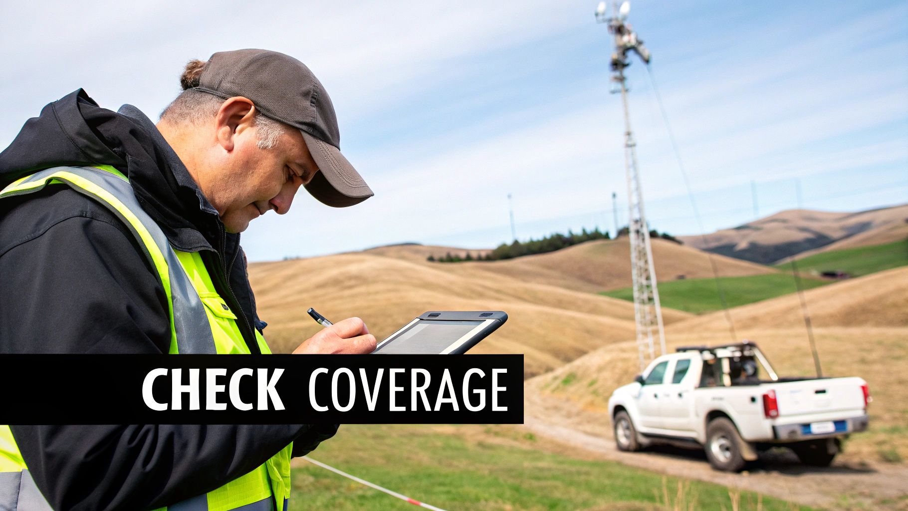 A man in a hi-vis vest checking mobile coverage on a tablet near a cell tower and truck.
