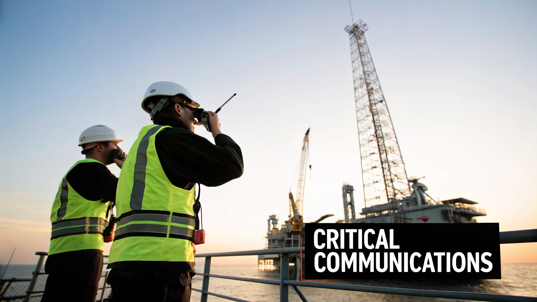 Two engineers in safety gear on an offshore platform, using walkie-talkies with an oil rig in the background.