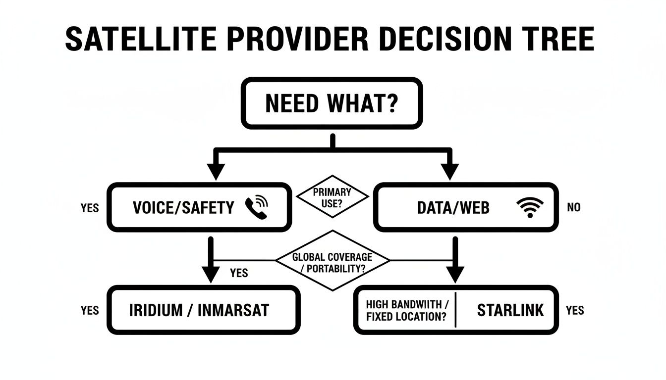 A satellite provider decision tree flowchart guiding selection based on communication needs and coverage.