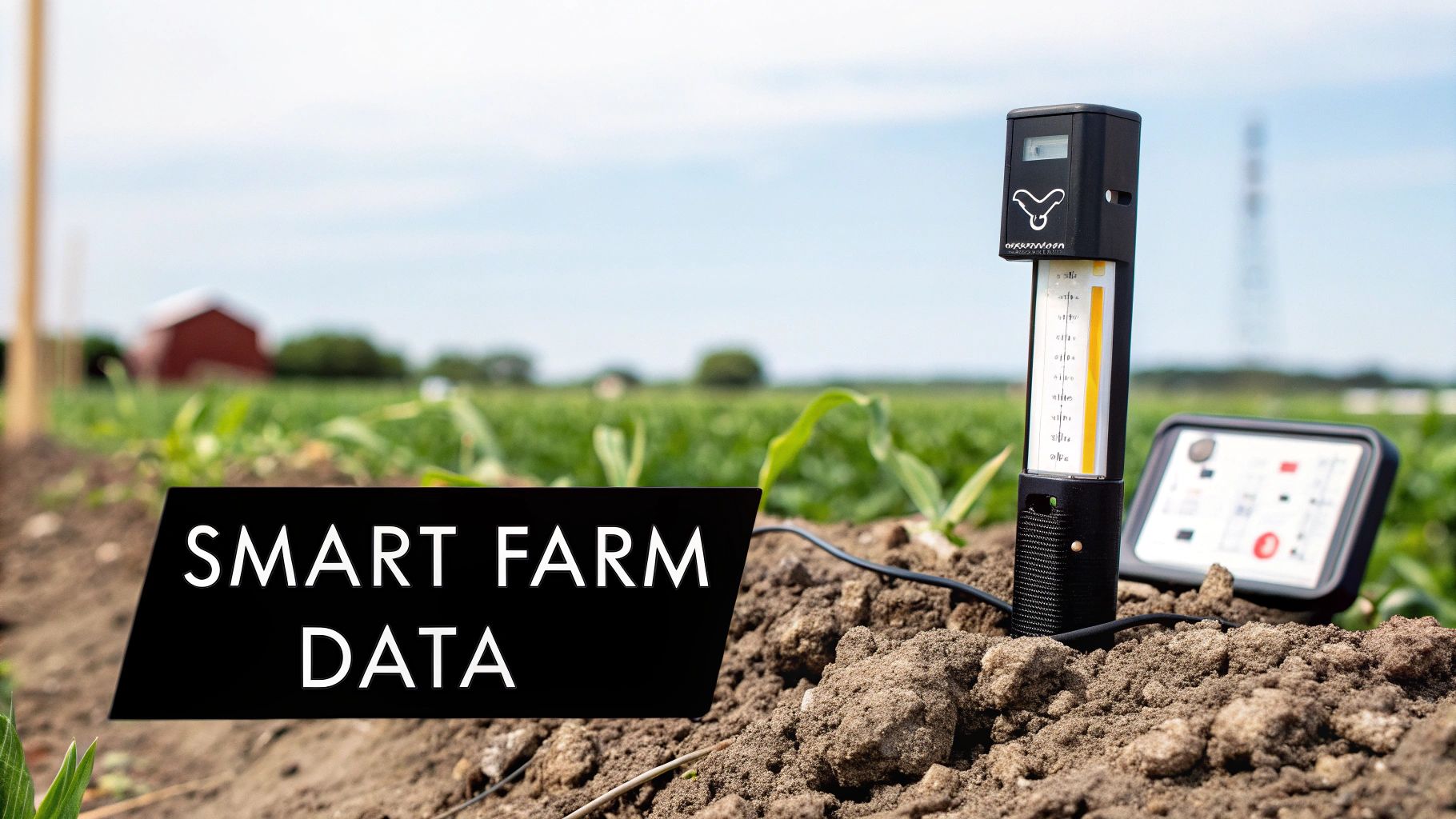 Smart farm data sensor device monitoring soil conditions in agricultural field with digital display