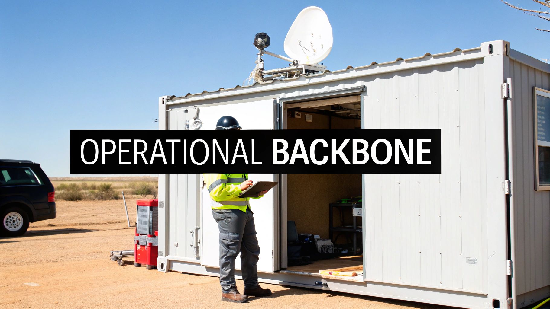 A man in high-vis gear stands by a container unit with a satellite dish, holding a tablet.