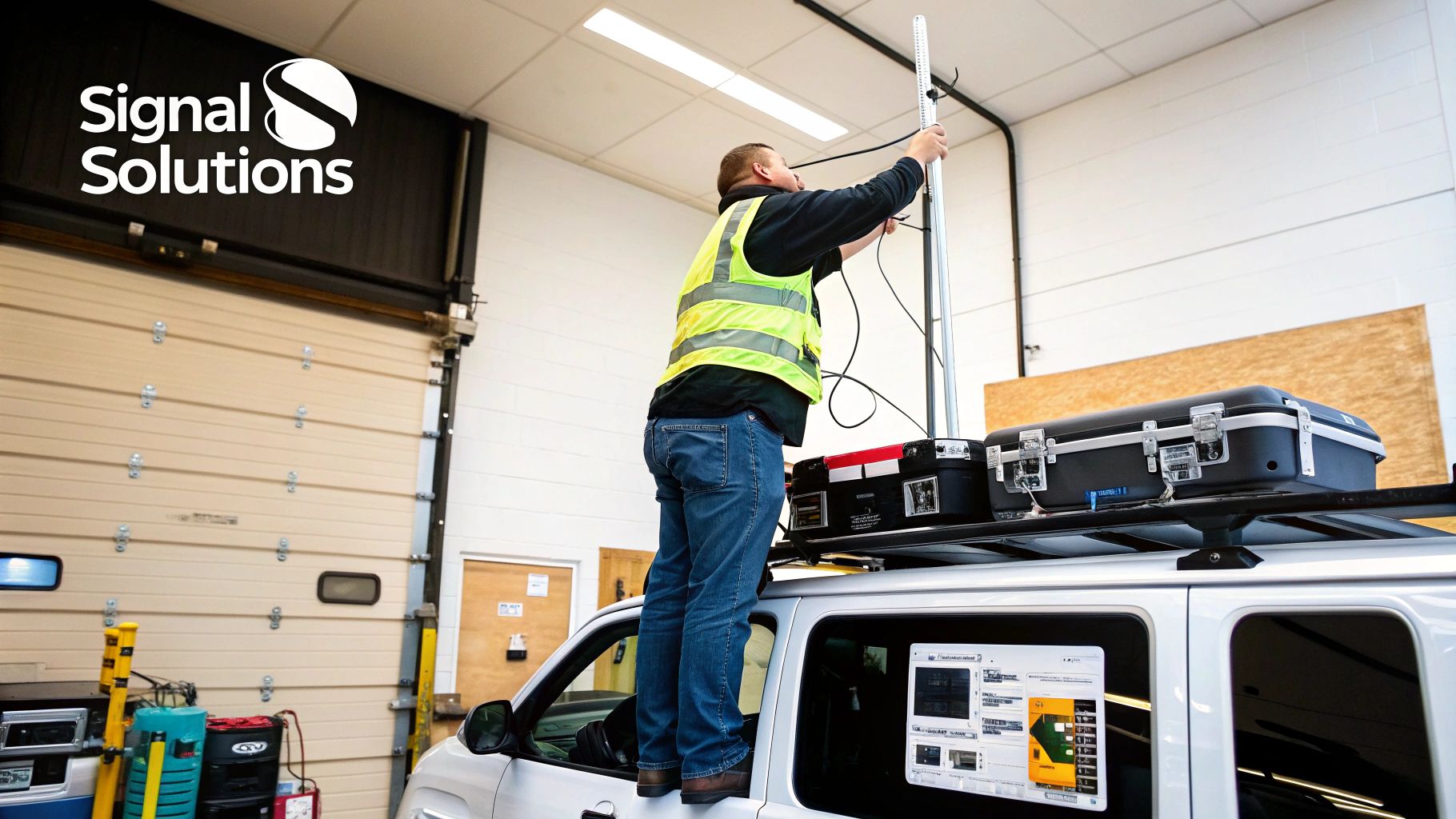 A technician in a safety vest installs signal mapping equipment on a white SUV's roof rack.