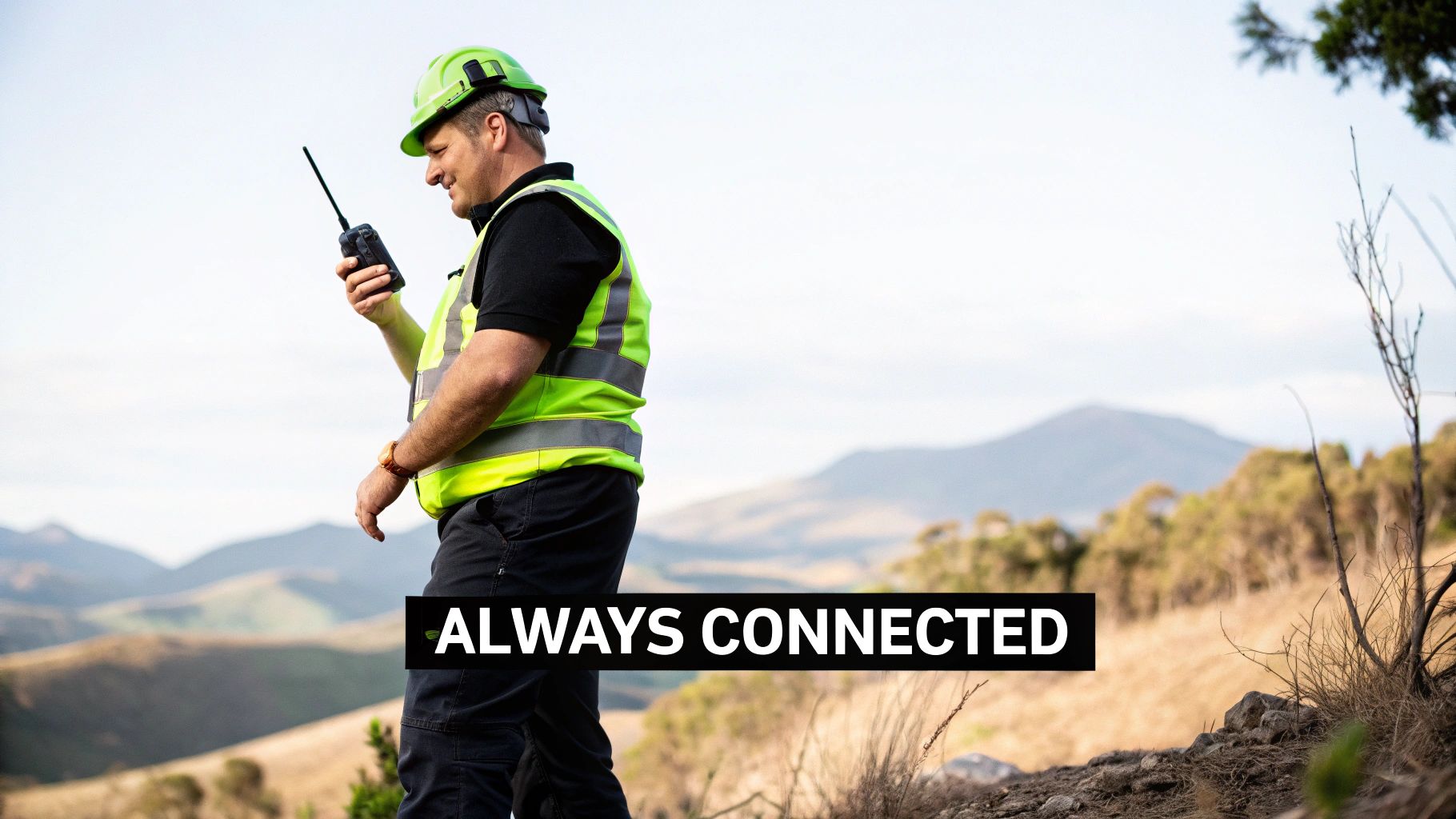 A construction worker using a two-way radio on a busy site.
