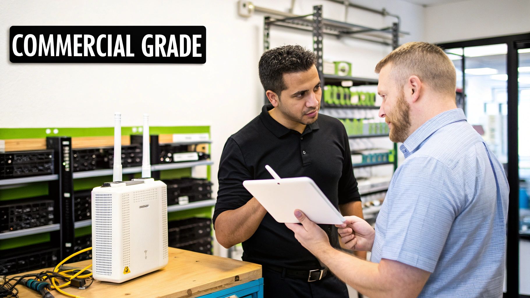 Two men discuss commercial-grade network equipment in a store, holding a tablet for reference.