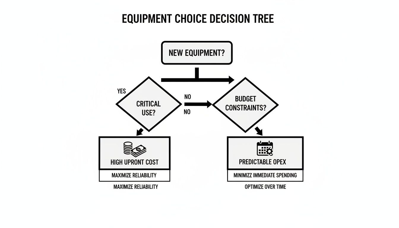 Decision tree flowchart for equipment choice, considering new equipment, critical use, and budget.