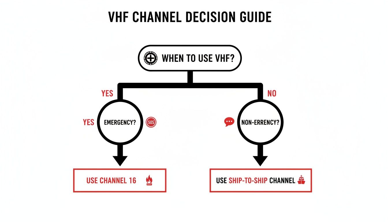 A VHF Channel decision guide flowchart for marine communication, indicating Channel 16 for emergencies and ship-to-ship for non-emergencies.