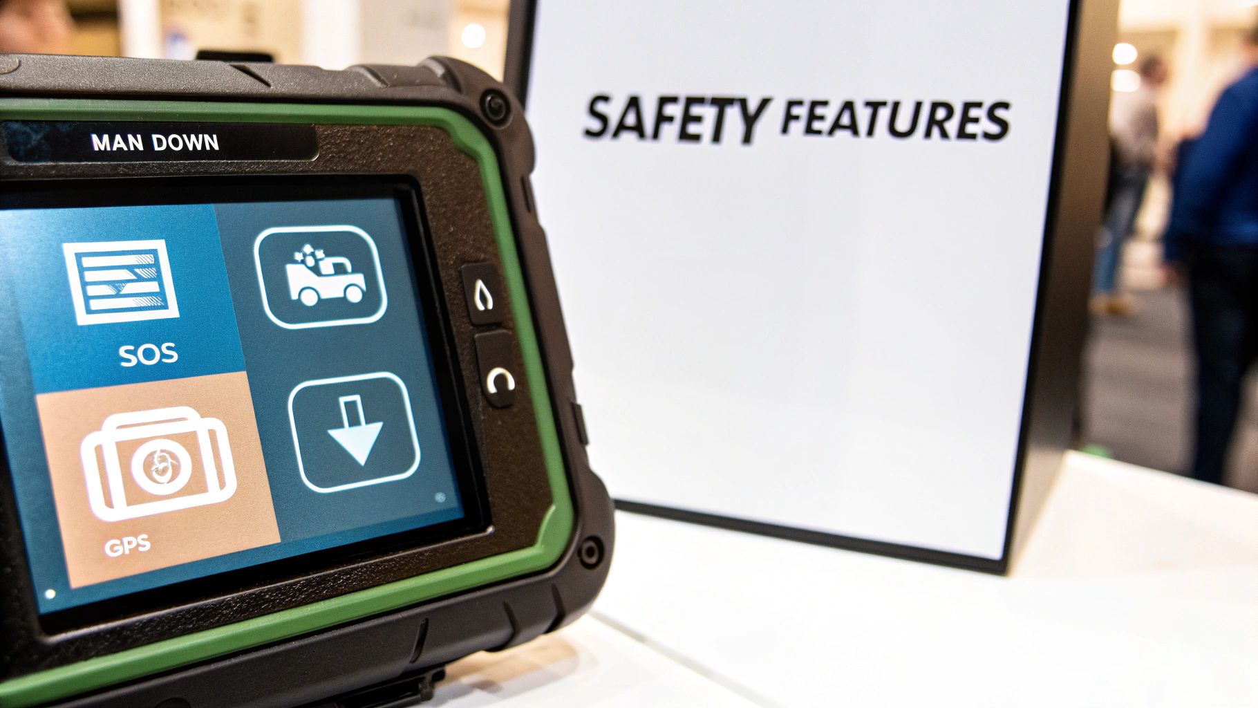 A rugged safety device displays 'MAN DOWN,' 'SOS,' and 'GPS' features, next to a sign reading 'SAFETY FEATURES.'