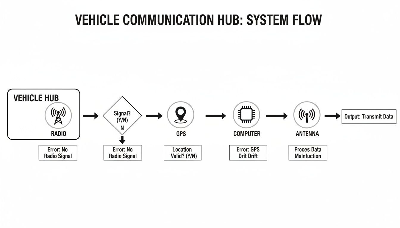 A flow diagram illustrating the vehicle communication hub system, from radio signal acquisition to data transmission, with various error points.