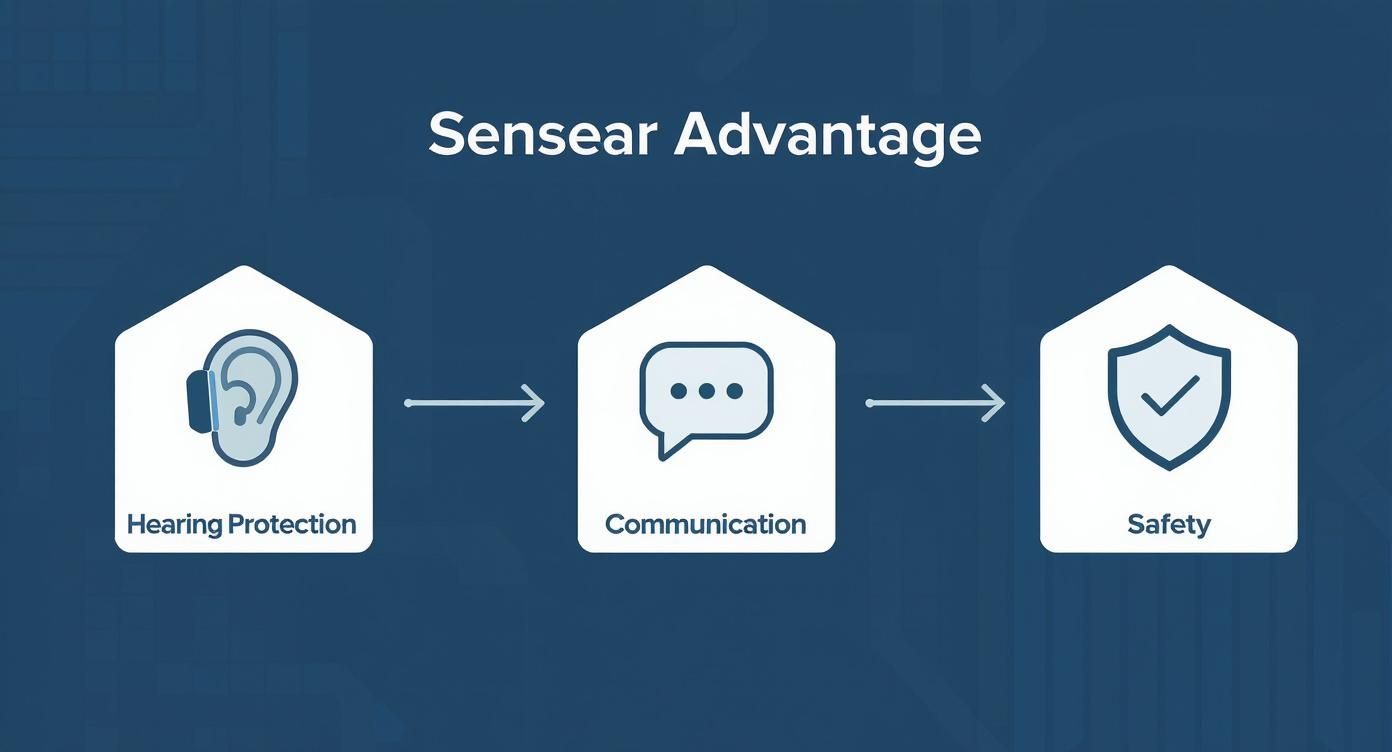 Infographic showing how Sensear headsets provide hearing protection, enable clear communication, and ultimately enhance workplace safety.