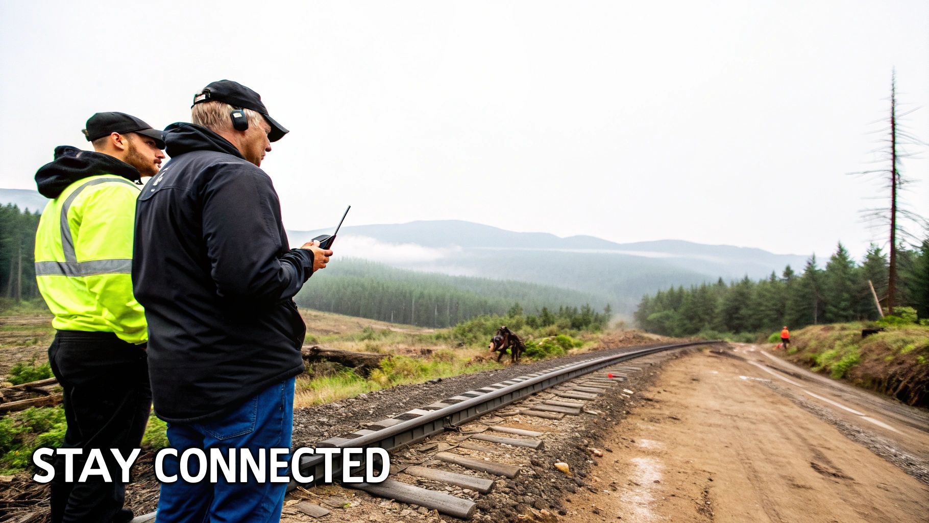 Two men with a walkie-talkie stand by train tracks in a forested, mountainous landscape.