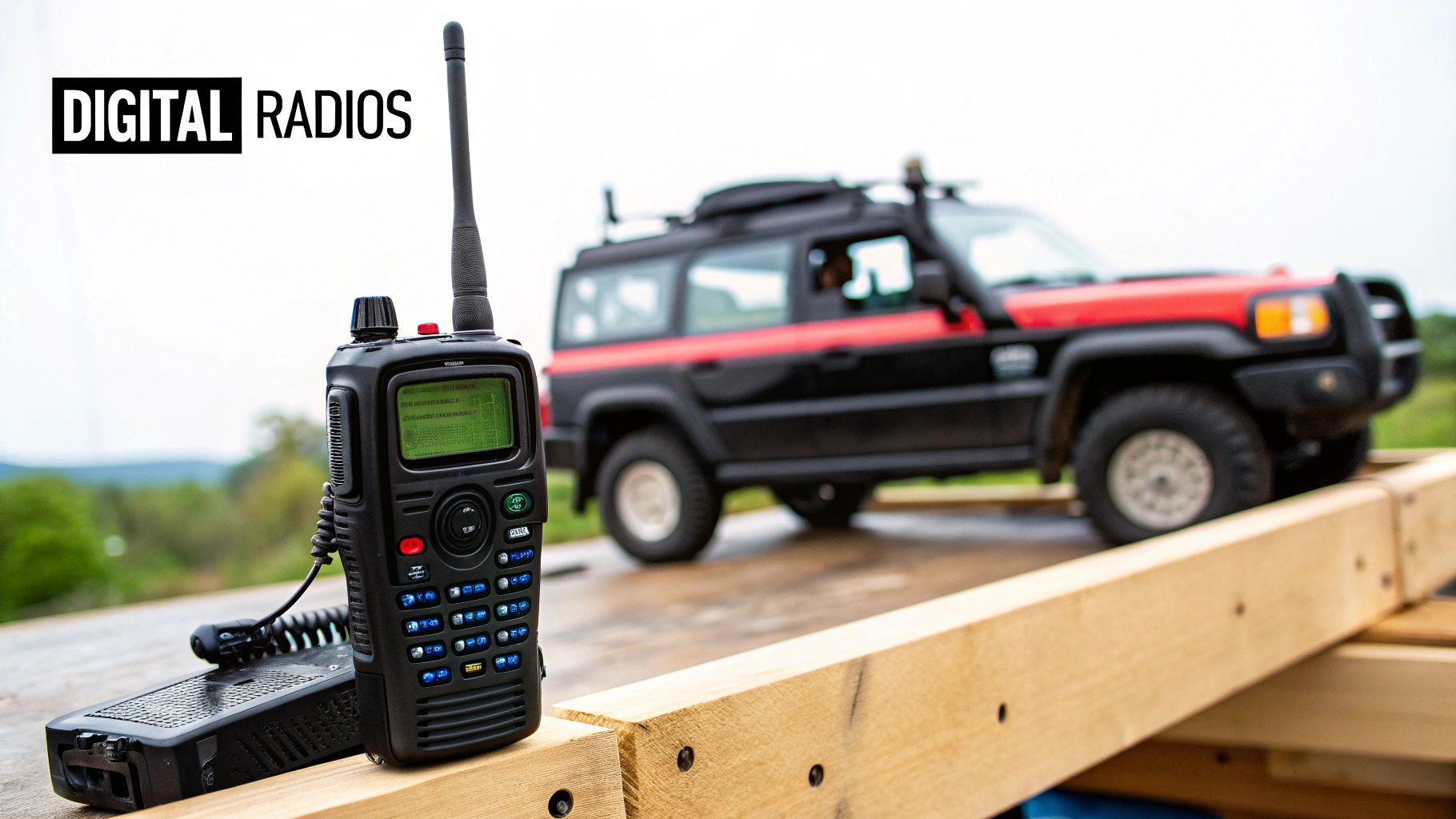 Construction workers communicating on-site using two-way radios.