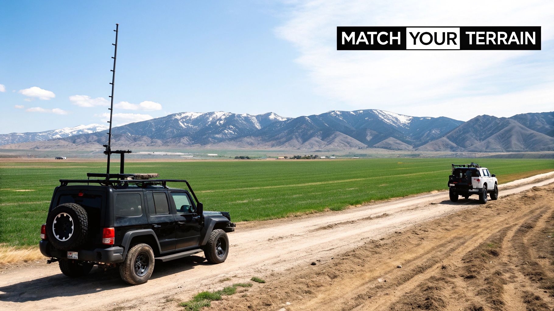 A UHF antenna mounted on a vehicle in a scenic New Zealand landscape