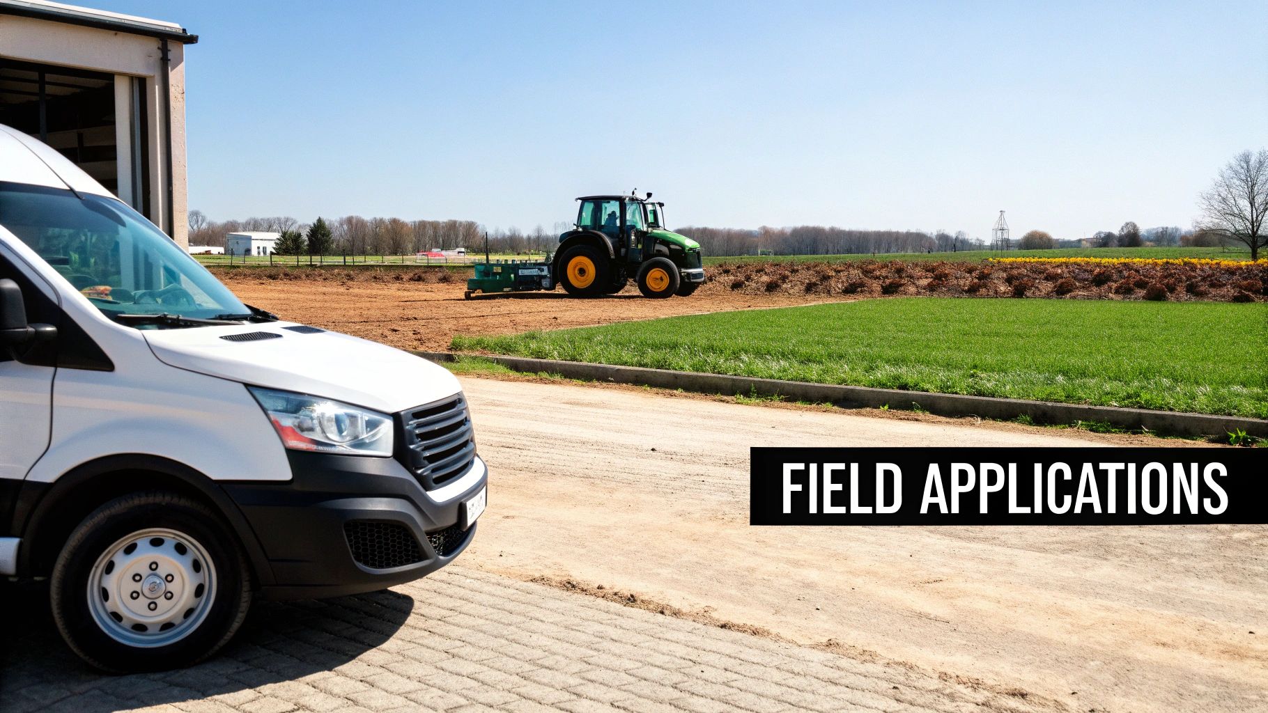 White van parked near a building with a green tractor tilling farm fields and grass.