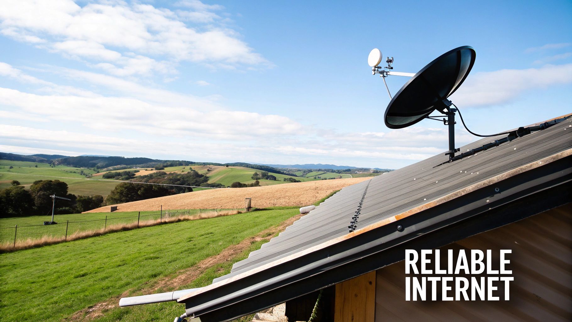 A Starlink-like satellite dish on a rural home's roof, providing reliable internet service amidst green fields.