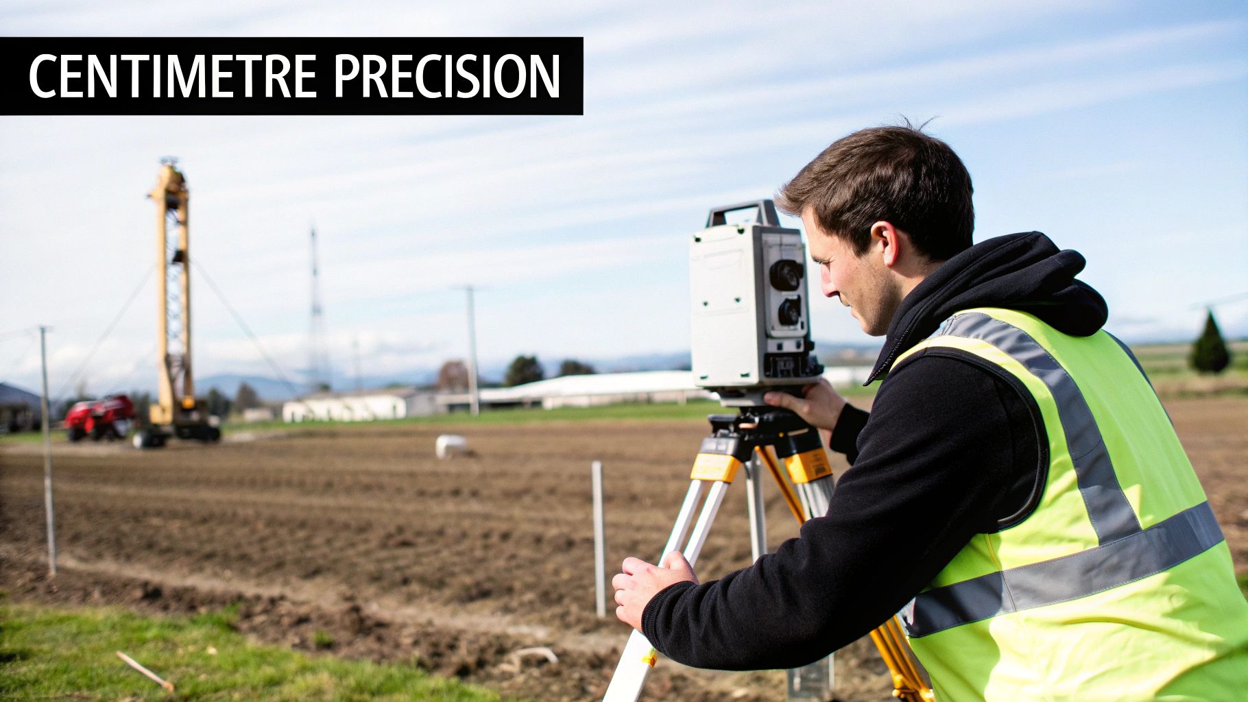 A surveyor in a high-vis vest uses a precision surveying instrument on a tripod in a field.