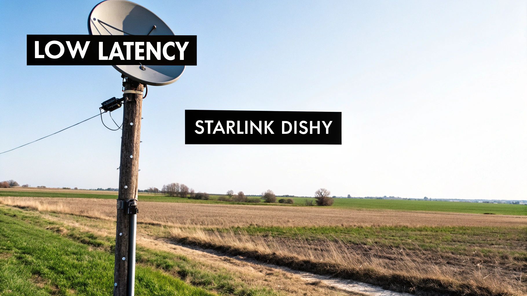 A Starlink satellite dish mounted on a pole in a vast rural field with 'LOW LATENCY' and 'STARLINK DISHY' text.
