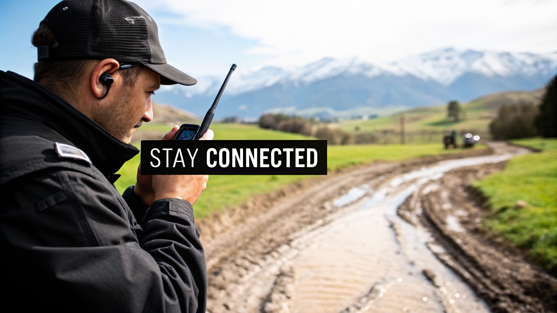 Exploration team using communication devices in a remote, rocky mining environment.
