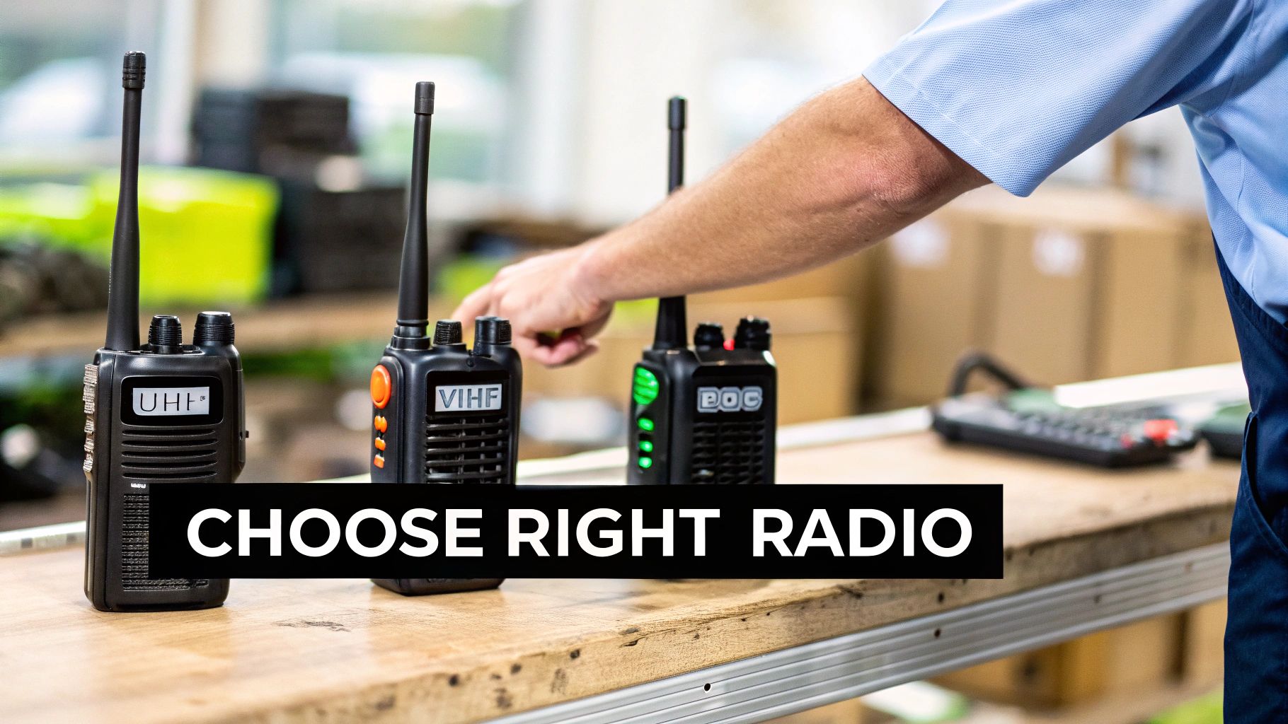 Three handheld radios on a wooden table, with a person's hand reaching for one. Text: CHOOSE RIGHT RADIO.