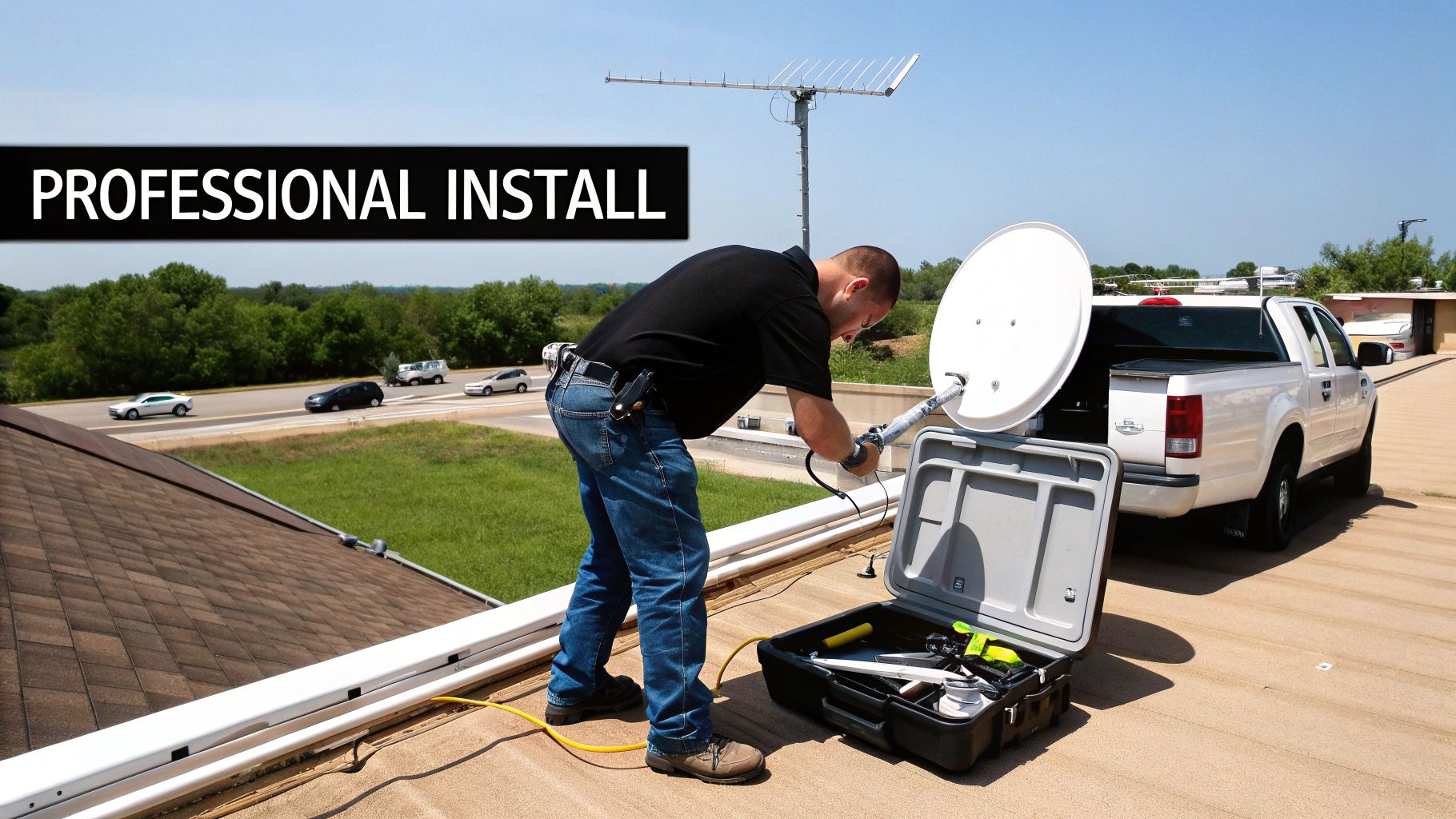 A professional technician installs a satellite dish on a rooftop, with tools and a truck.