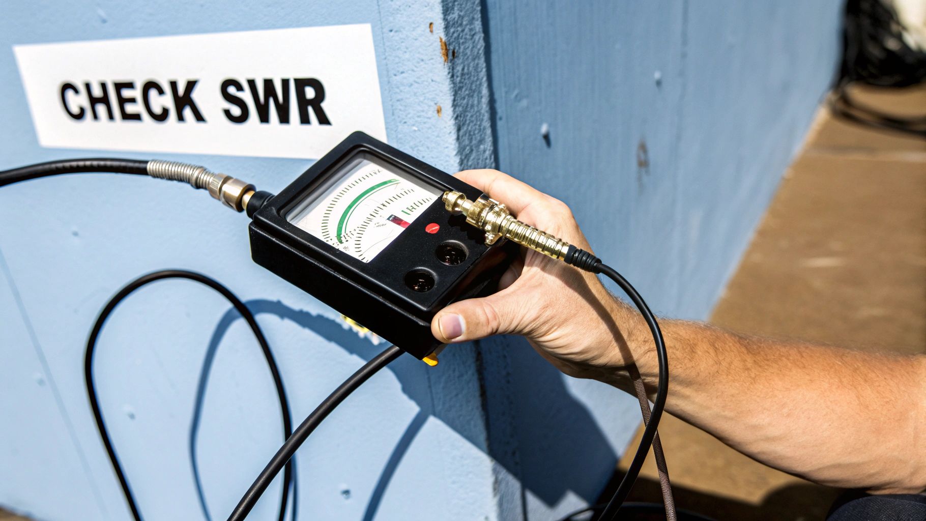 A hand holds an SWR meter with cables, checking a radio antenna system.